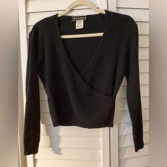 Saks Fifth Avenue Tops - Saks Fifth Avenue The Works Black Virgin Wool Crossover Sweater Size Medium
